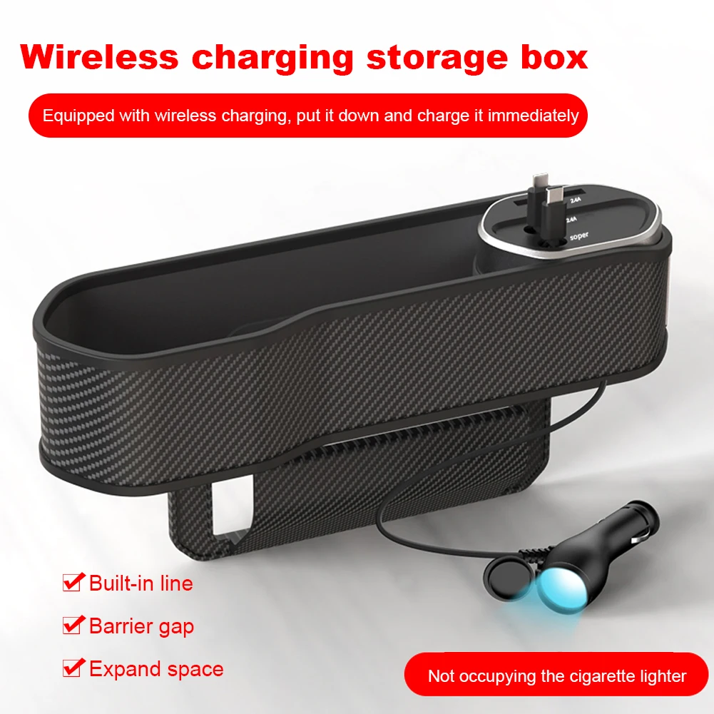 Front Seat Side Storage Case Wireless Charger 10W Console Pocket USB Type-C Seat Gap Filler Organizer Car Interior Accessories