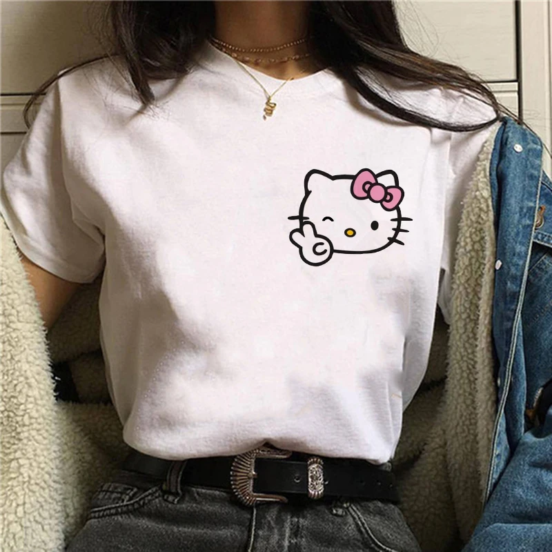 Fashion 90s Cute Kawaii Manga Y2k Japanese Anime Hello Kitty T Shirt Women T-shirt Sanrio Clothes Tshirt Short Sleeve Tops Tee