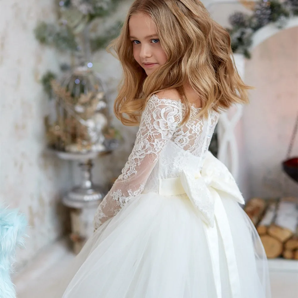 

Full Sleeves Flower Girl Dress Bohemian Tulle Ivory White Lace Bow Girls First Communion Gown Junior Bridesmaid Dress