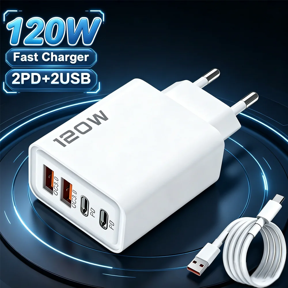 

Fast Charging USB Type C Charger 120W 4 Port PD Quick Charge 3.0 For iPhone Samsung Xiaomi Huawei EU US UK Plug Phone Adapter