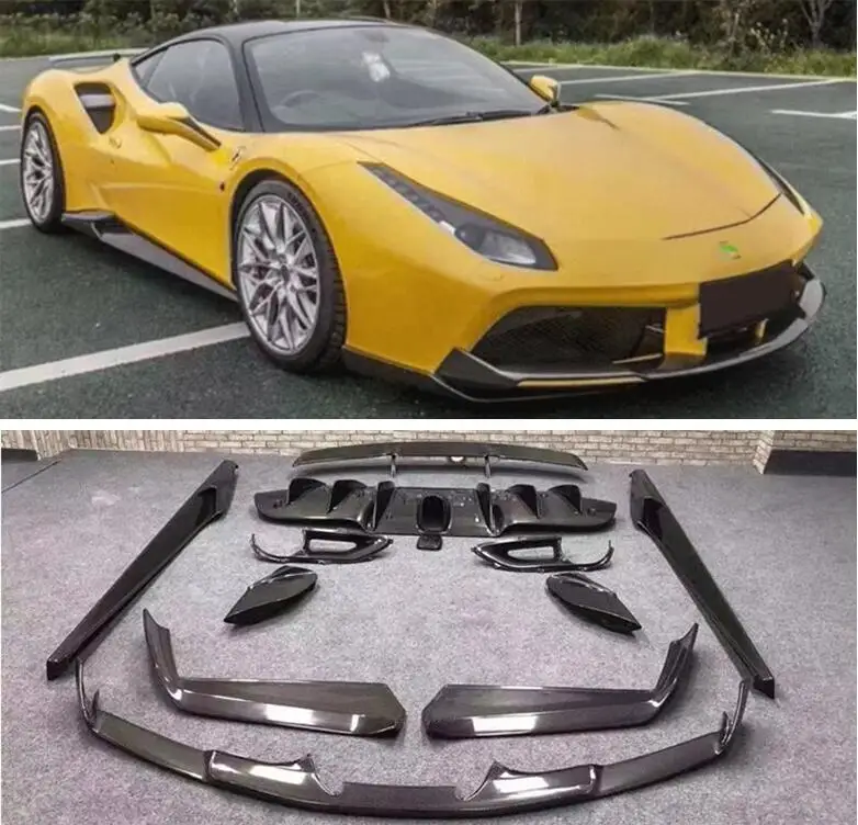 Real Carbon Fiber Front Lip Bumper & Side Body Skirt & Trunk Wing Spoiler& Rear Diffuser Cover For Ferrari 488 2015-2020