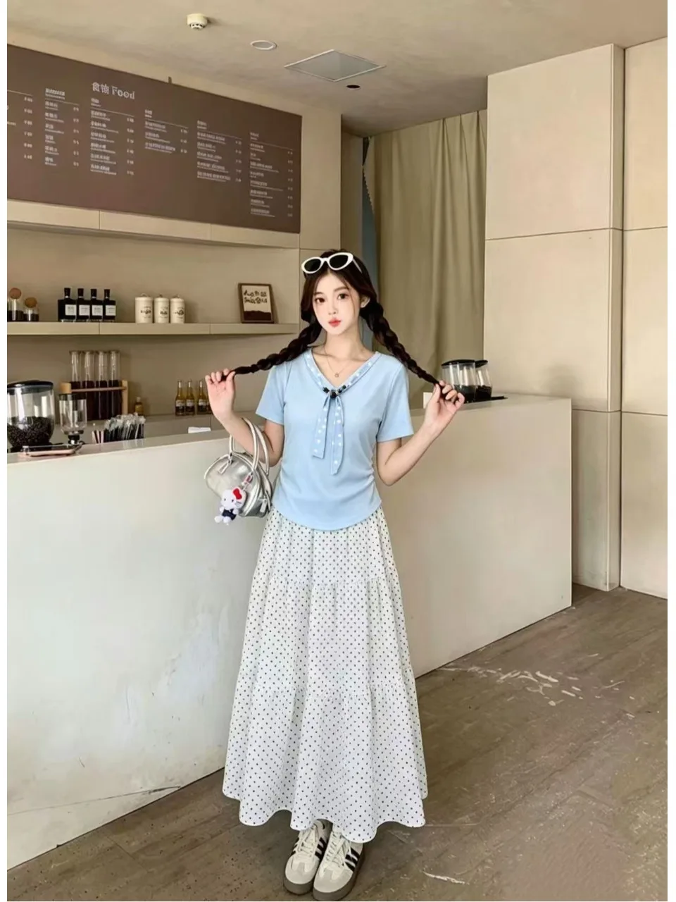 

plus Size Summer Outfit Sweet Tie Dotted Arc Short Sleeve Women's Skirt Set Loose Fit Casual Korean Style V-Neck A-Line Dress