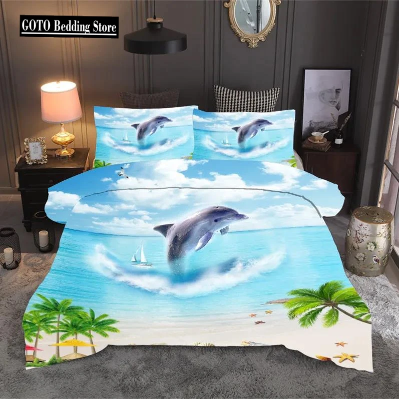 

Bed cover set Starfish,sharks Bedding Sets Duvet Cover Marine Animal Home Textiles 2-3pc Cartoon Blue White Bedclothes Drop Ship