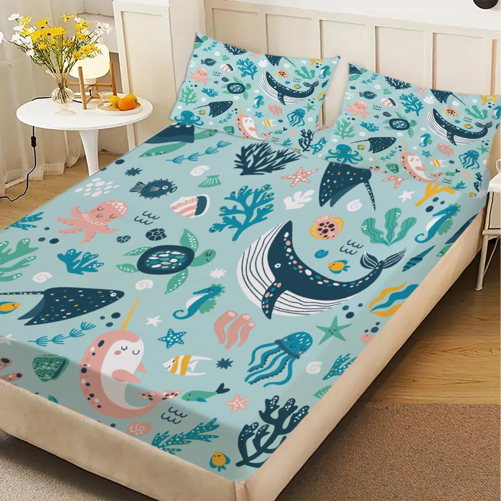 3pcs Playful Fitted Sheet Set Cute Animals Cartoon Style Ocean Creatures And Sea Plants Printed Bed Sheet With 2 Pillowcases