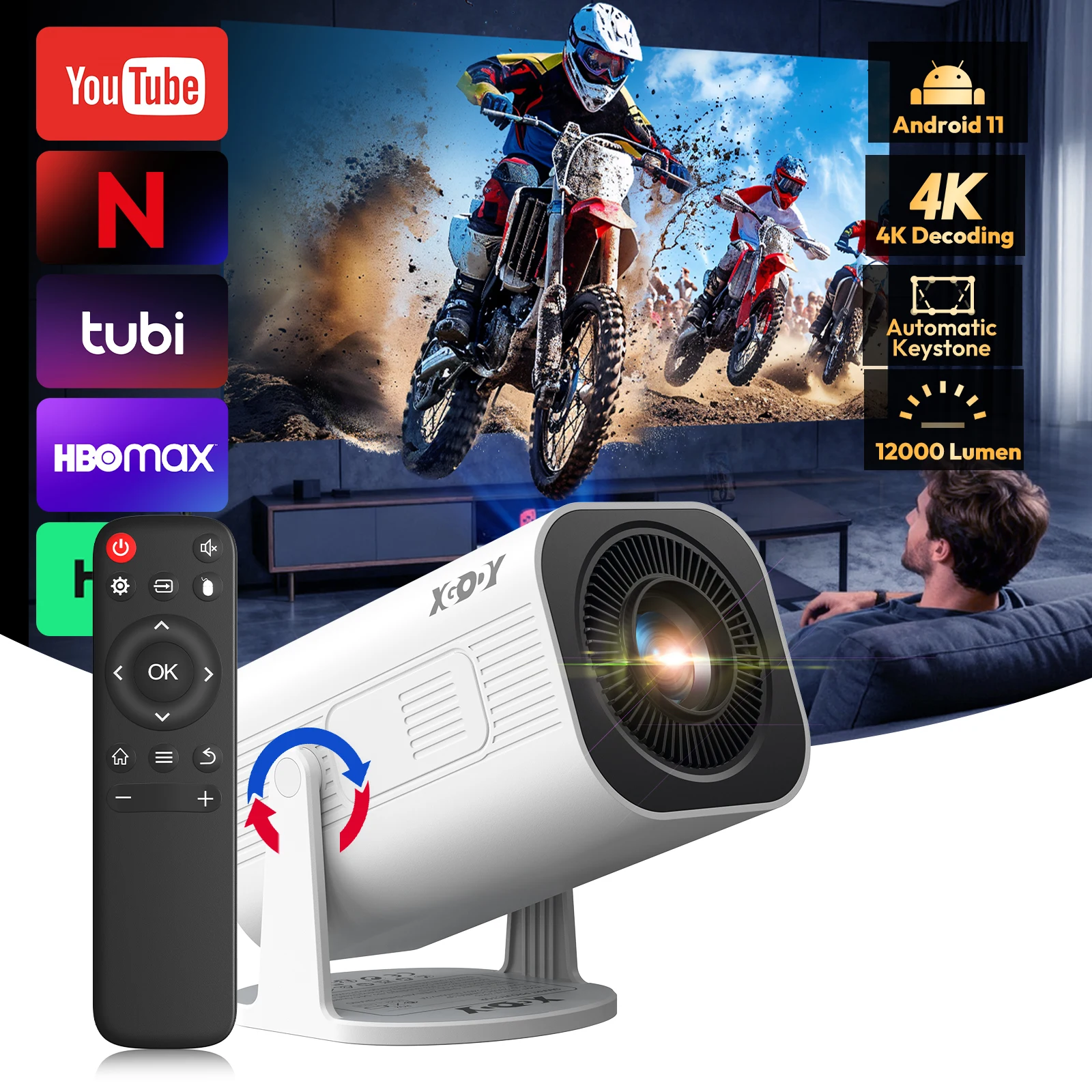 XGODY Projektor 300 ANSI 4K Mini Beamer Short Throw Wifi6 Android Dual WIFI BT5.2 1280*720P Heimkino Tragbare