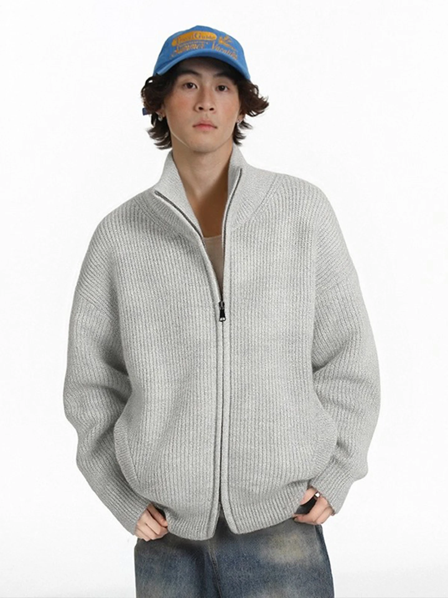 

Мужской зимний кардиган в американском ретро-стиле с воротником-стойкой, теплый вязаный свитер на молнии, толстое верхнее пальто с длинными рукавами