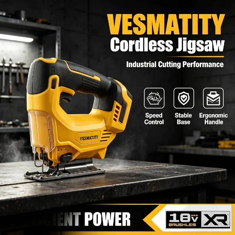 Vesmatity Brushless Cordless Jig Saw Variable Speed Electric Cutting Tool for Wood Metal Anti dust Handle Battery Max Pro Plus