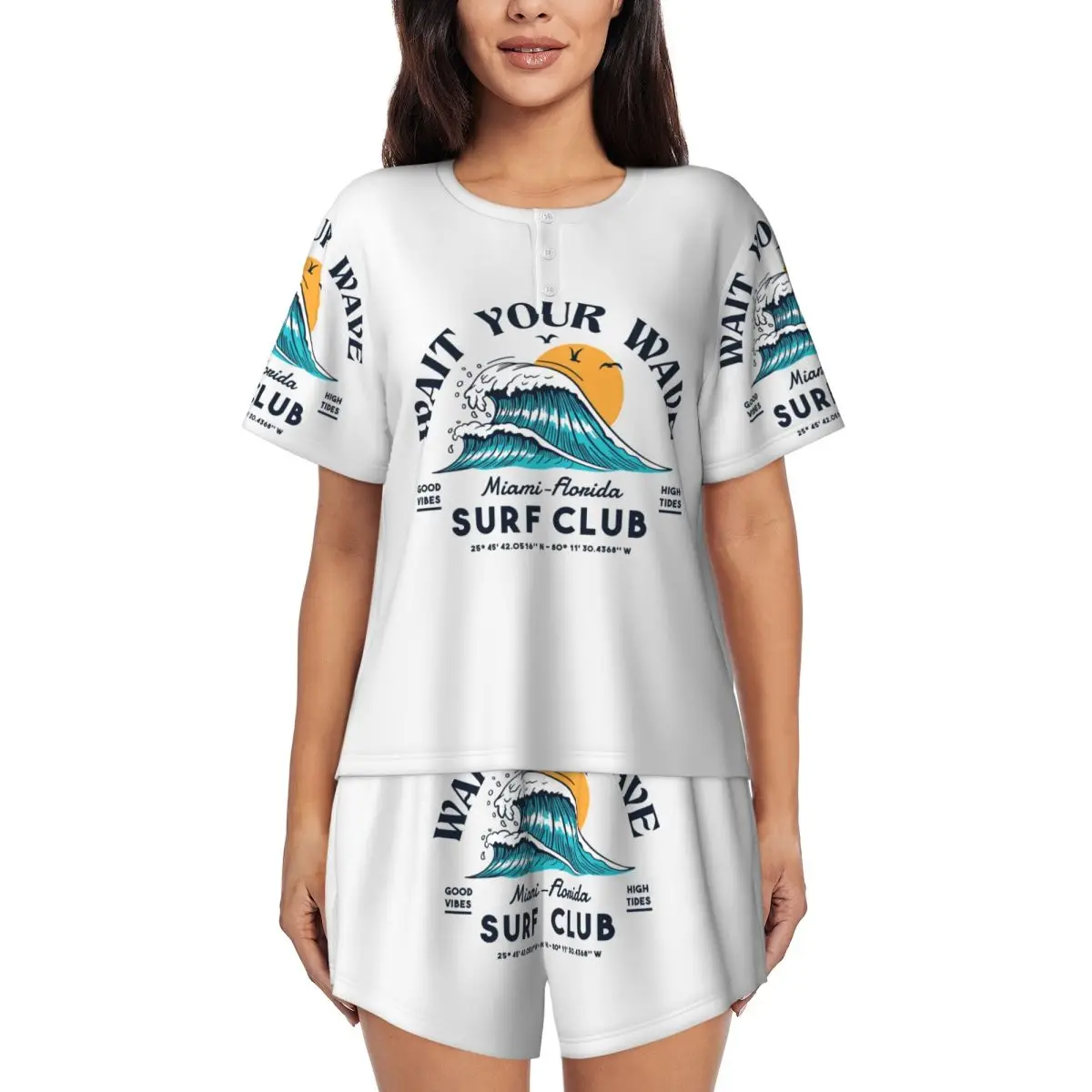 

Women Wait Your Wave Sure Club Pajamas Set Custom Print Short Sleeve Summer Surfing Surfer Sleepwear Loungewear Pjs 2 Piece Sets