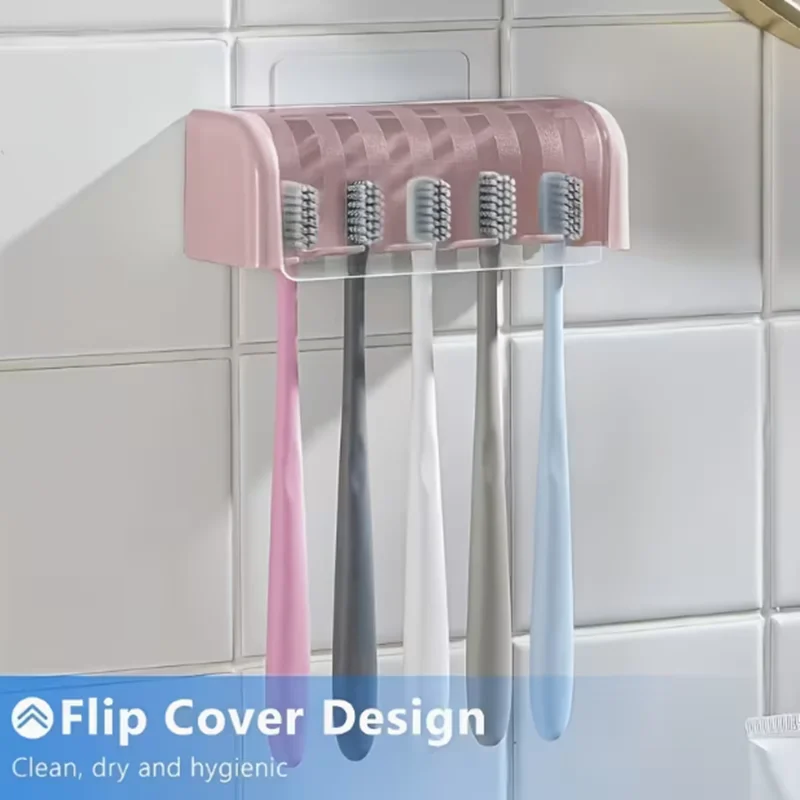 Five-slot toothbrush holder with a cover, self-adhesive wall-mounted toothbrush storage rack, capable of holding 5 toothbrushes