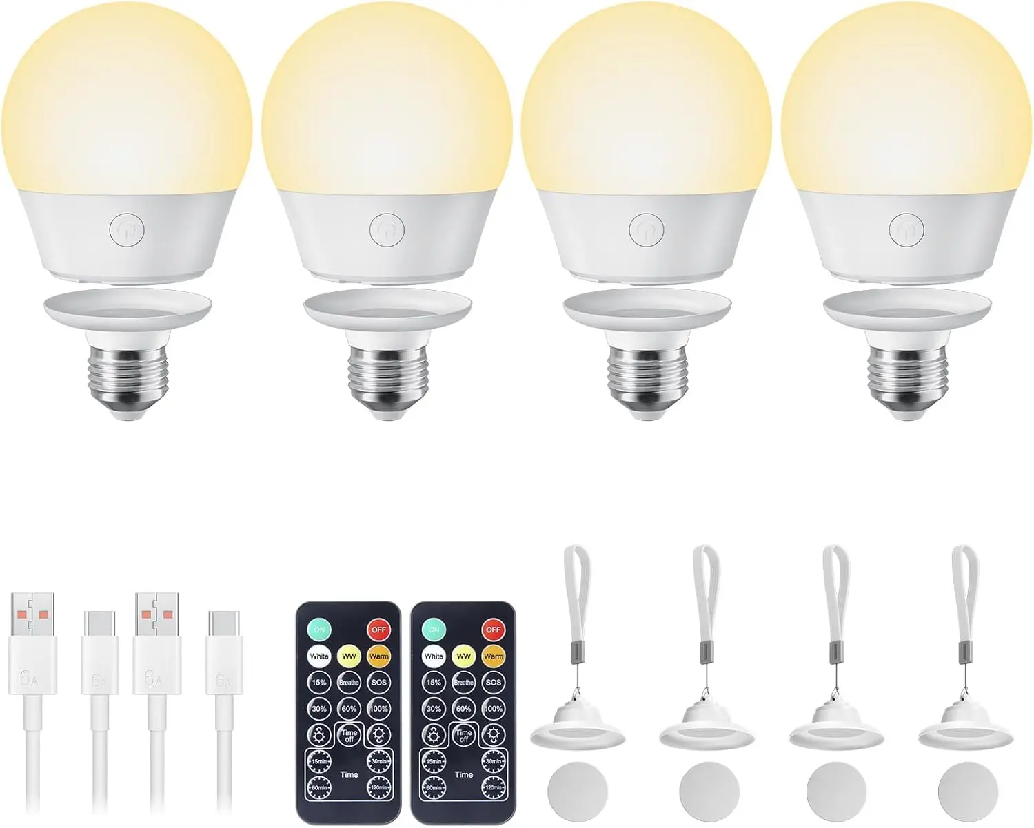 

Rechargeable LED Bulb with Remote, Timer, Magnetic Base, 3 Colors, Dimmer & Lanyard - 4 Pack