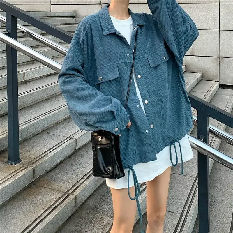 

Corduroy Jackets Women Drawstring Button Up Vintage Outwear Hip-pop BF Couples Simple Baggy Overcoats Spring Clothes All-match