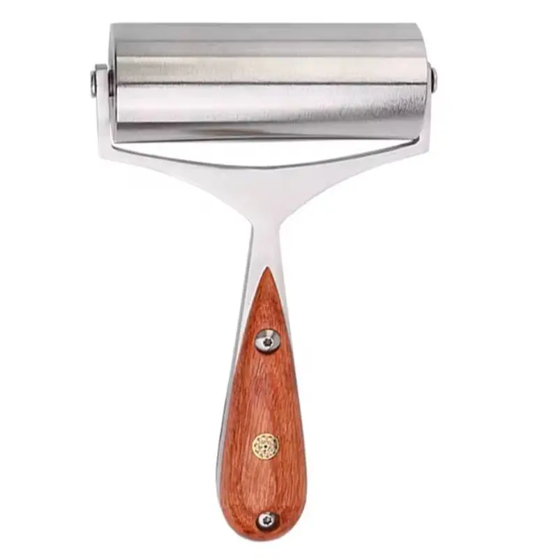 A67P-Pear Wood Handle Leather Roller Glue Edges Laminating Wheel Craft Handmade Smoother Creaser Tool Steel Iron Roll