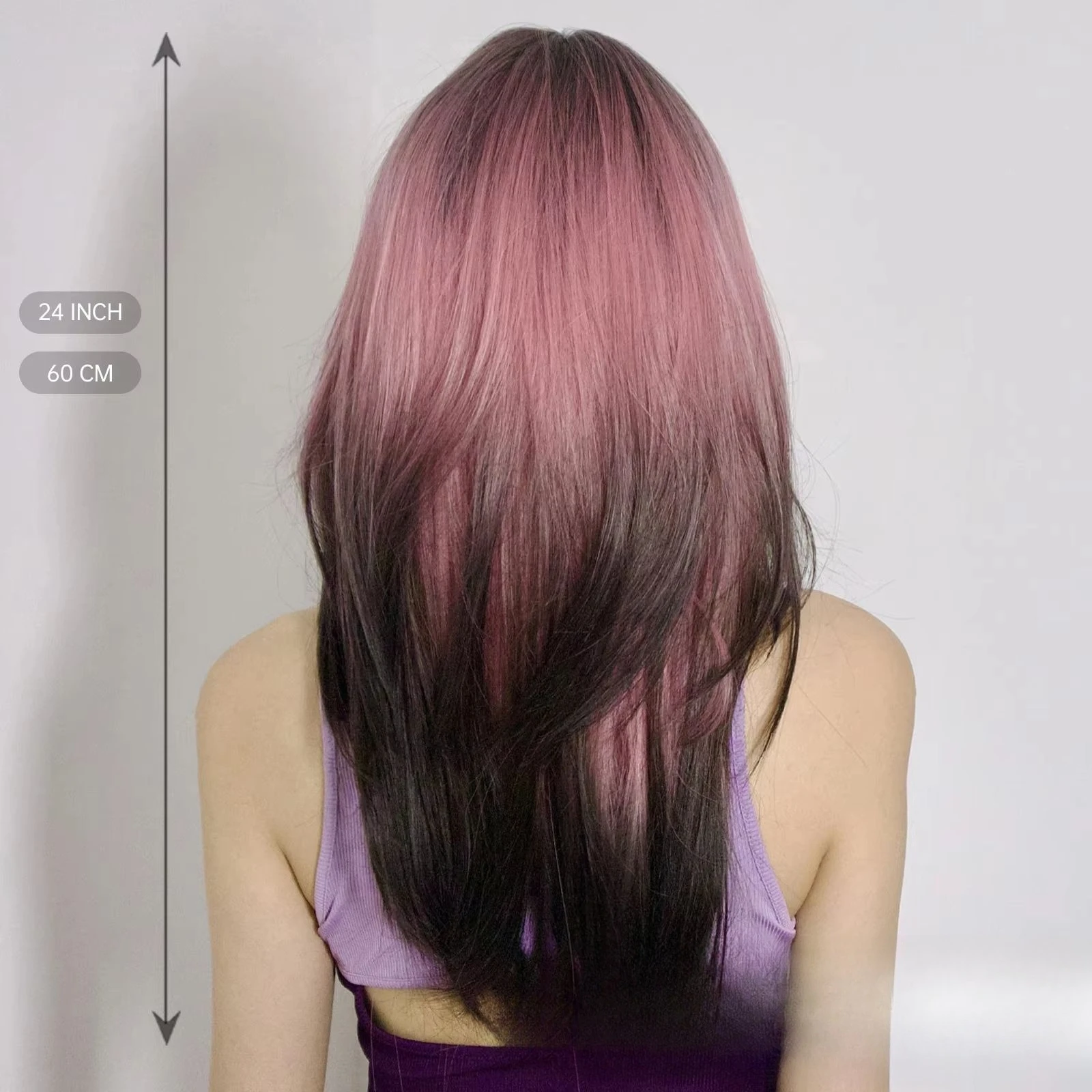 Wig kepala penuh hitam merah muda poni Qi tingkat rambut panjang wanita rambut lurus sintesis temperamen mode