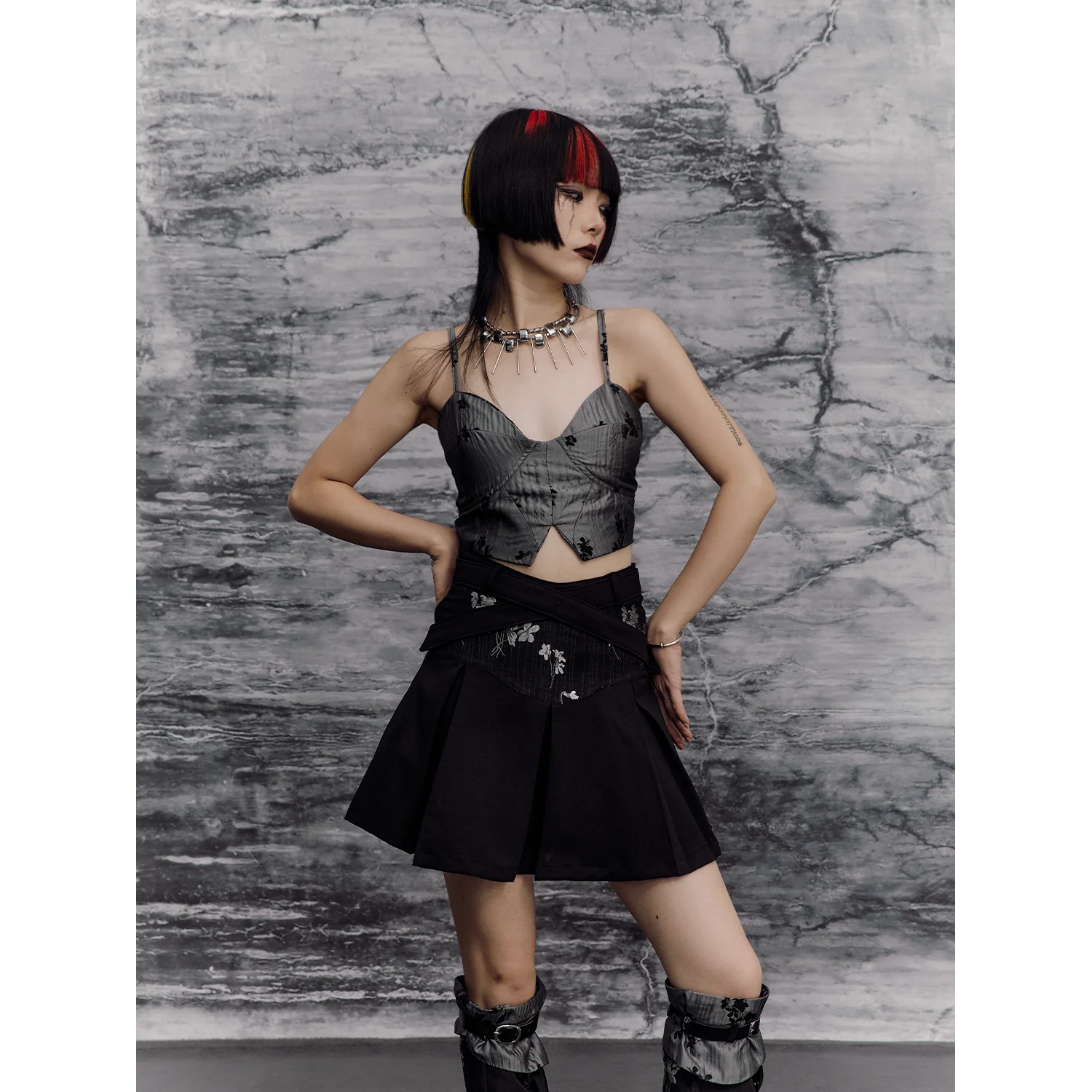 Original New Chinese Style Punk A- Line Skirt Hot Girl Mini Skirt Jacquard Stitching Skirt Women's Pleated Skirt Black Dress