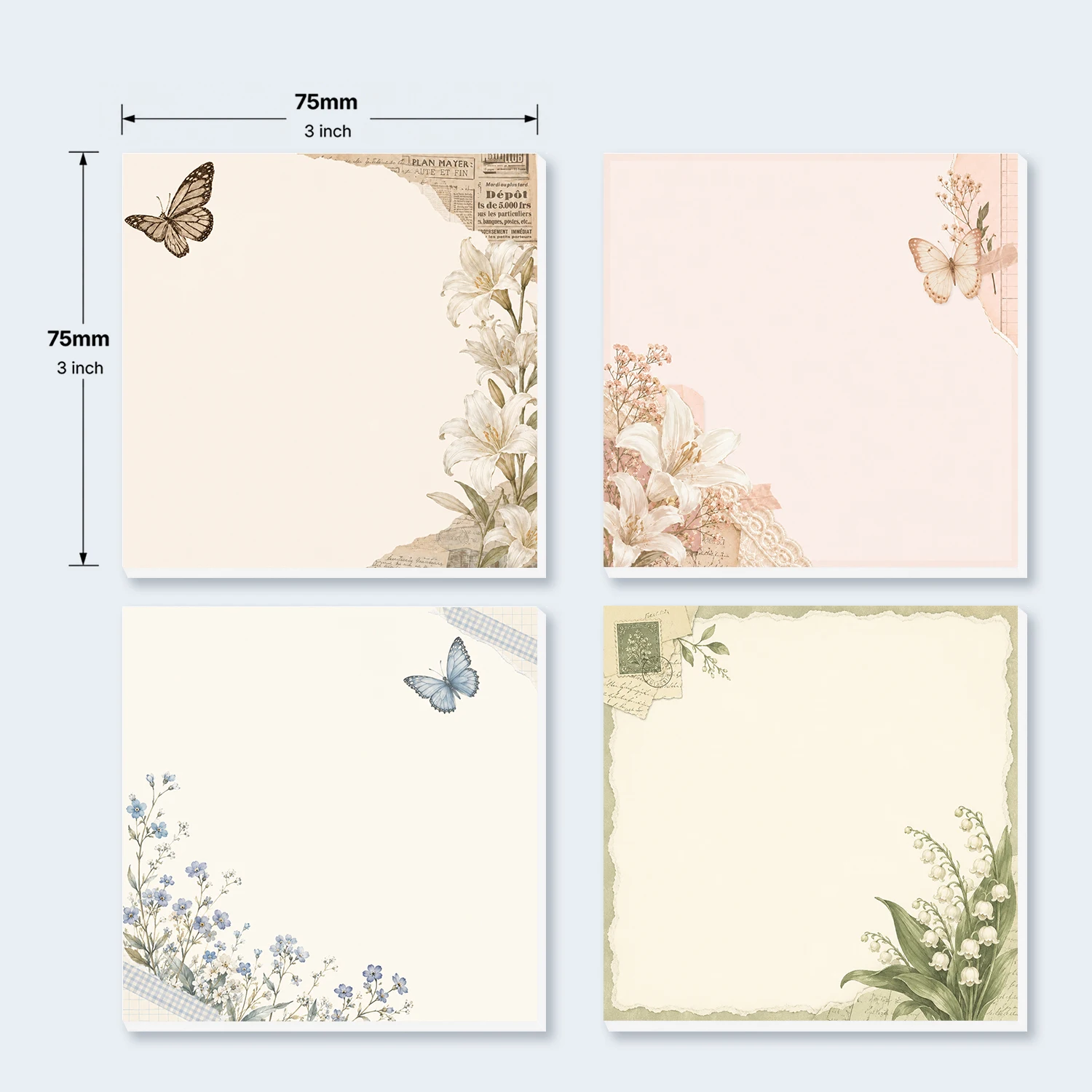 4PCS Floral Butterfly Self Adhesive Sticky Notes 200 Sheets Botanical Flower Memo Pads Elegant Nature Notes for Office School St