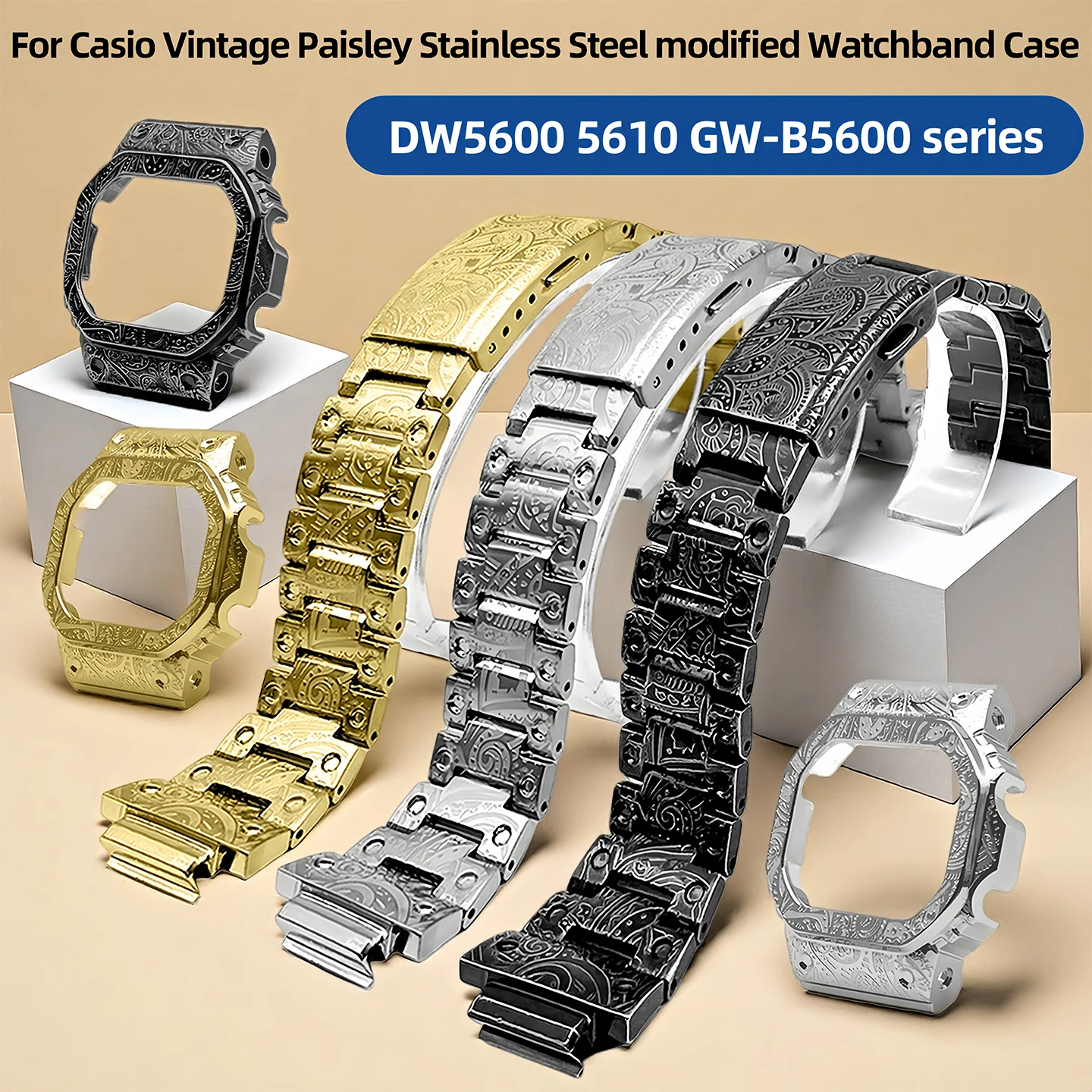 

DW5600 5610 GW-B5600 series Bezel 304L Metal Strap For Casio Vintage Paisley Stainless Steel modified Watchband Case Men's