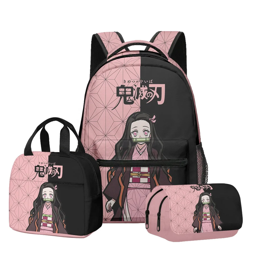 

Demon Slayer 3Pcs/Set Backpack Cartoon Anime Print Pencil Case Lunch Bag Student Schoolbag Large Capacity Children Festival Gift