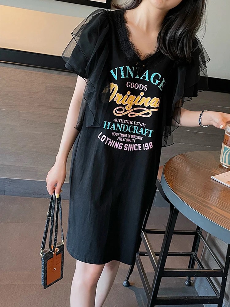 Coreia do verão streetwear impressão malha babados retalhos t camisa vestidos casuais feminino preto longo solto mini vestidos