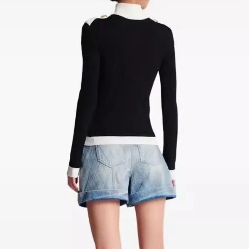 Herbst 2025, neue Damen-Strickjacke mit Stehkragen, Metallknöpfen, verziert, Reißverschluss, offener Cardigan, Y2K, hochwertige, modische High-Street-Strickjacke