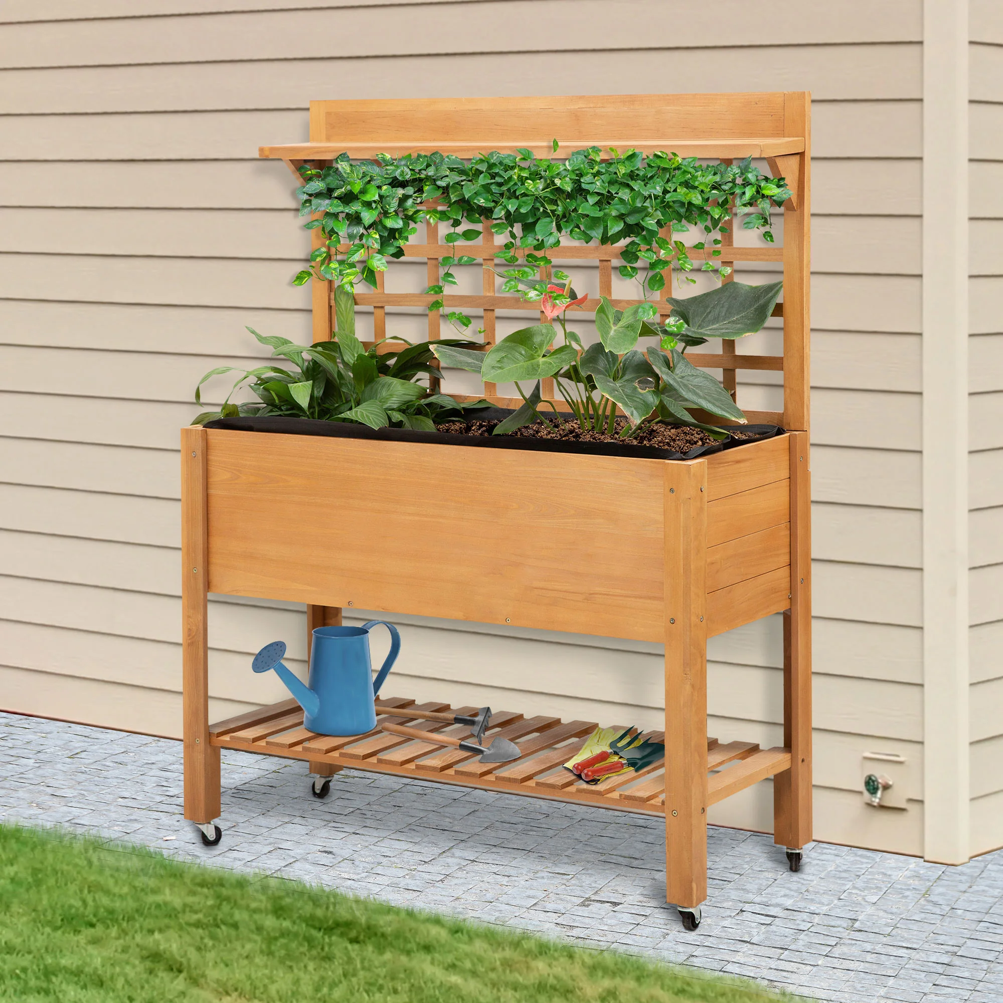 41'' Raised Garden Bed Mobile Elevated Wooden Planter Box Stand with Wheels, Trellis and Storage Shelf, Brown