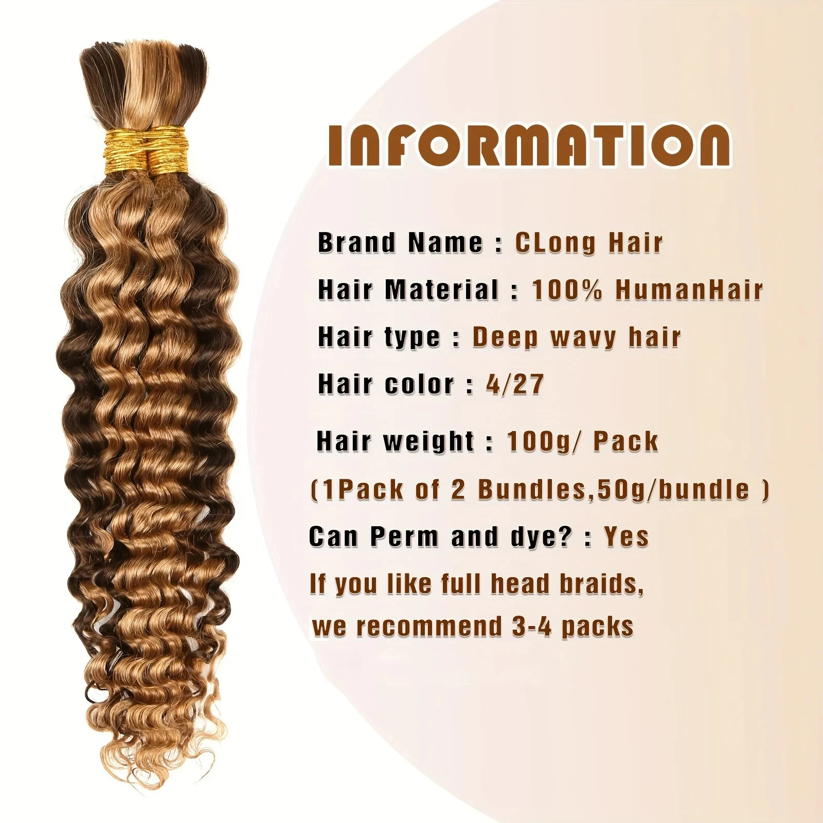 100 percent Human Hair Unprocessed Brazilian Virgin Hair for Human Hair Extensions Deep Wave Bulk P4/27 human Bundles  Hair