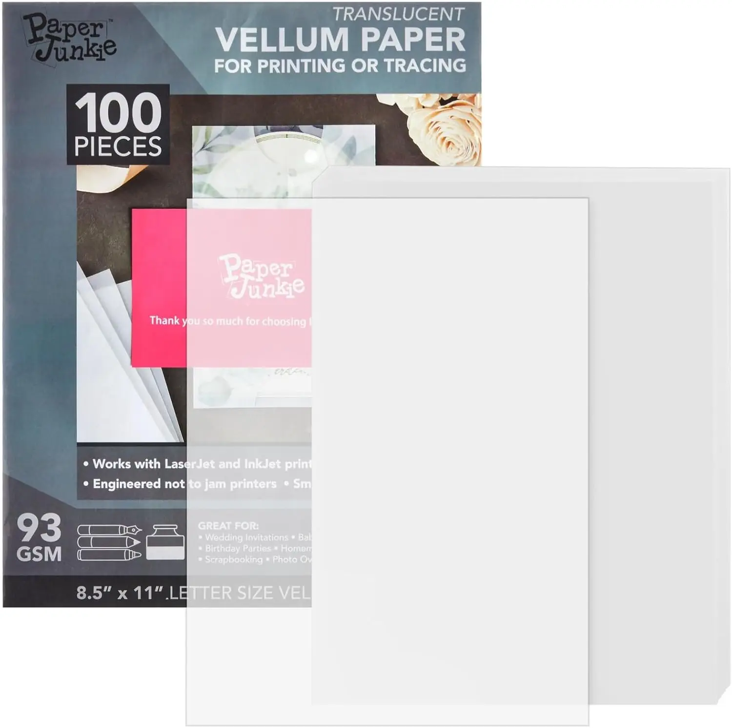

Бумага Vellum - 8,5 x 11 дюймов, 100 листов, белая полупрозрачная - бумага для печати, для приглашений, эскизов и рисования