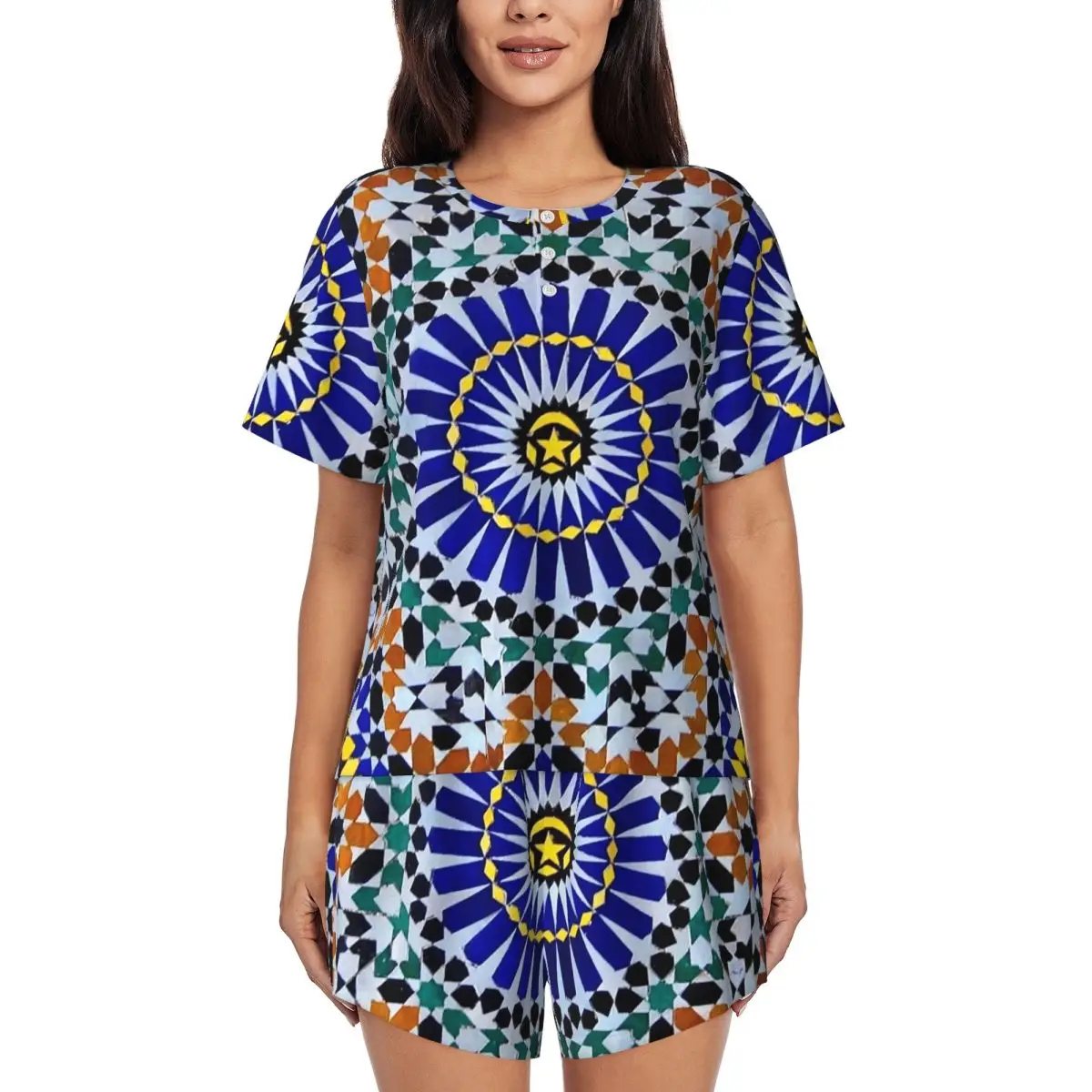 

Arabic Tiles Moroccan Mosaic Round Neck Short Sleeve Nightgowns for Sleeping Sleepshirts Women Soft Pajama Set Short Pants