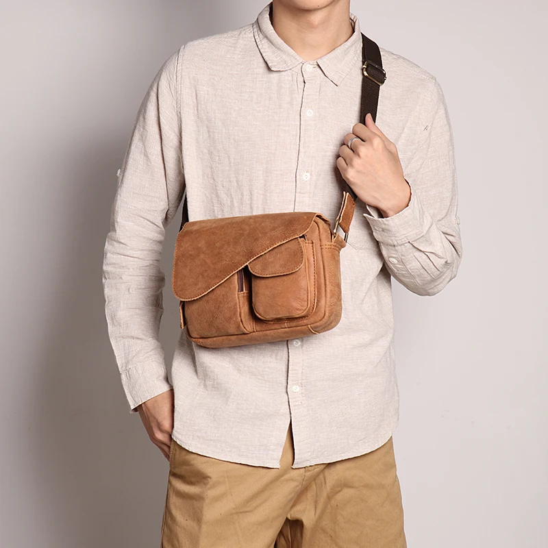 Bolso de mensajero Vintage con múltiples bolsillos para hombre, bolso cruzado con solapa de cuero genuino de nobuk, Bolso pequeño para fiesta diaria