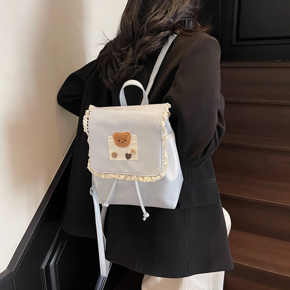 

Ruffled Lace Fashion Backpack Ballet Style PU Leather Drawstring Backpack Top Handle Casual Cute Bear Knapsack Student