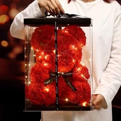 Valentijnsdag Kunstmatige Teddy Rose Bloem Beer met Doos Romantisch Cadeau Vriendin Vrouwen Moeder Verjaardag Bruiloft Deco 25cm