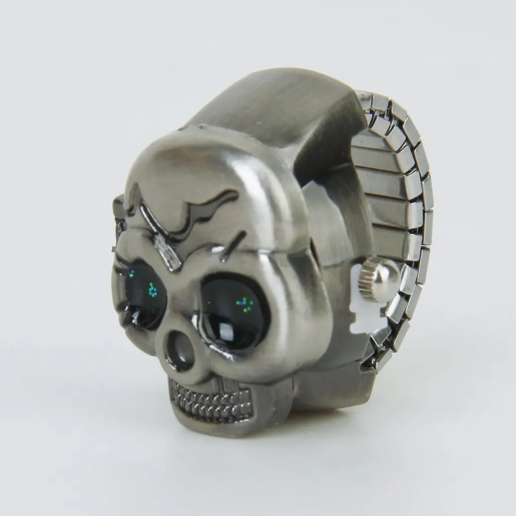 *N21R Bronze Flip-Up Skull Cover Finger Ring Watch Stretchy Watchband for Unisex--Battery Included, Ideal for Skull Lover