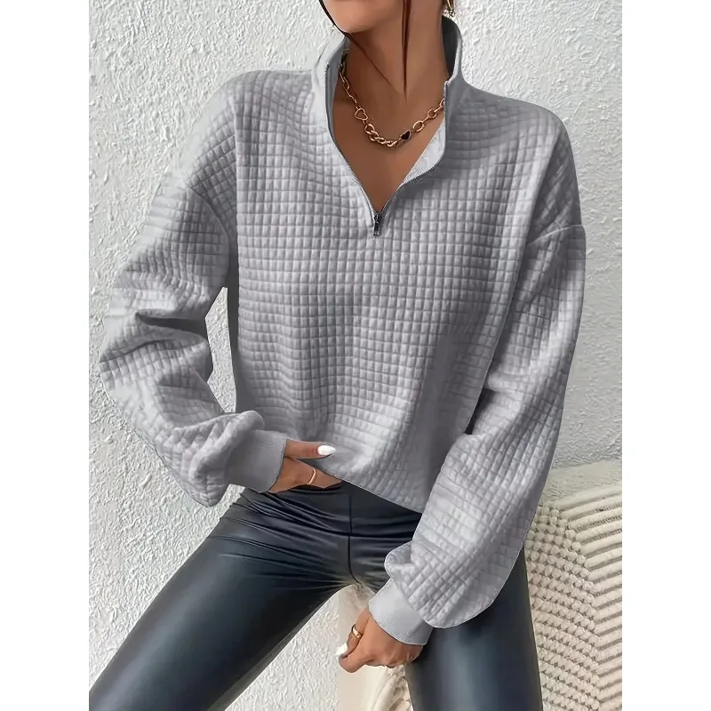 플러스 사이즈 1XL-5XL 새로운 여성 가을/겨울 편안한 긴 소매 솔리드 컬러 풀오버 여성 캐주얼 지퍼 풀오버 스웨터