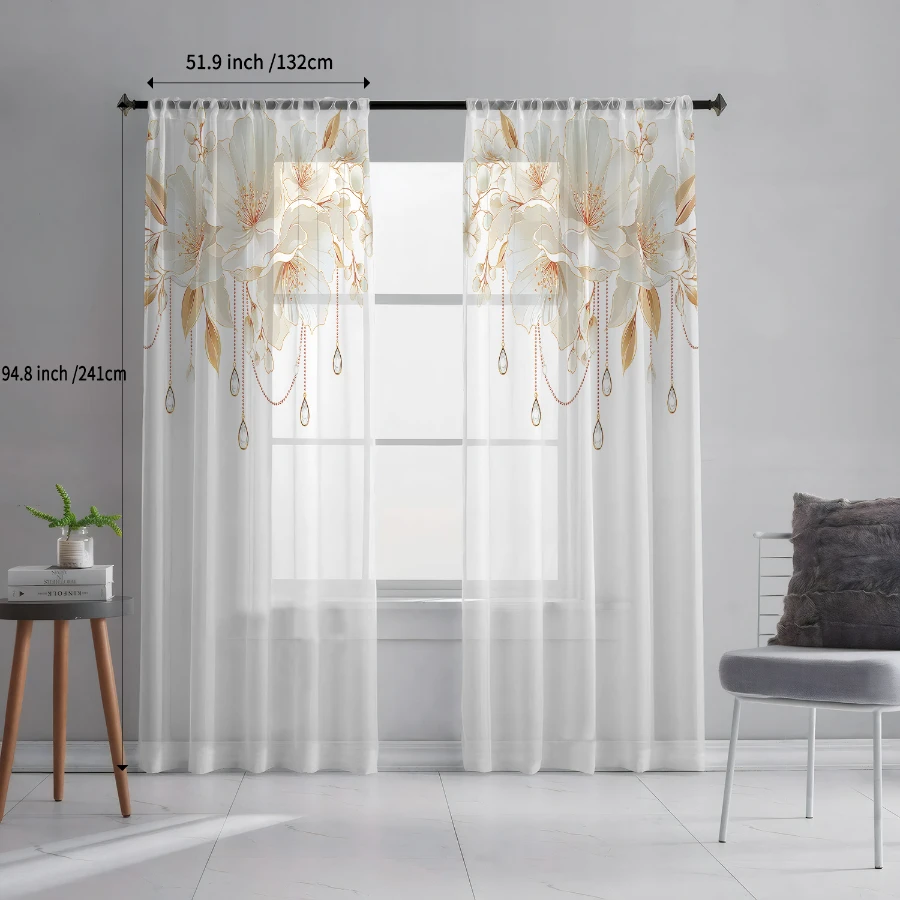 2PCS Digital Print Sheer Curtains, White Flowers with Crystal Drops, Elegant Luxury for Bedroom Living Room Home Decor