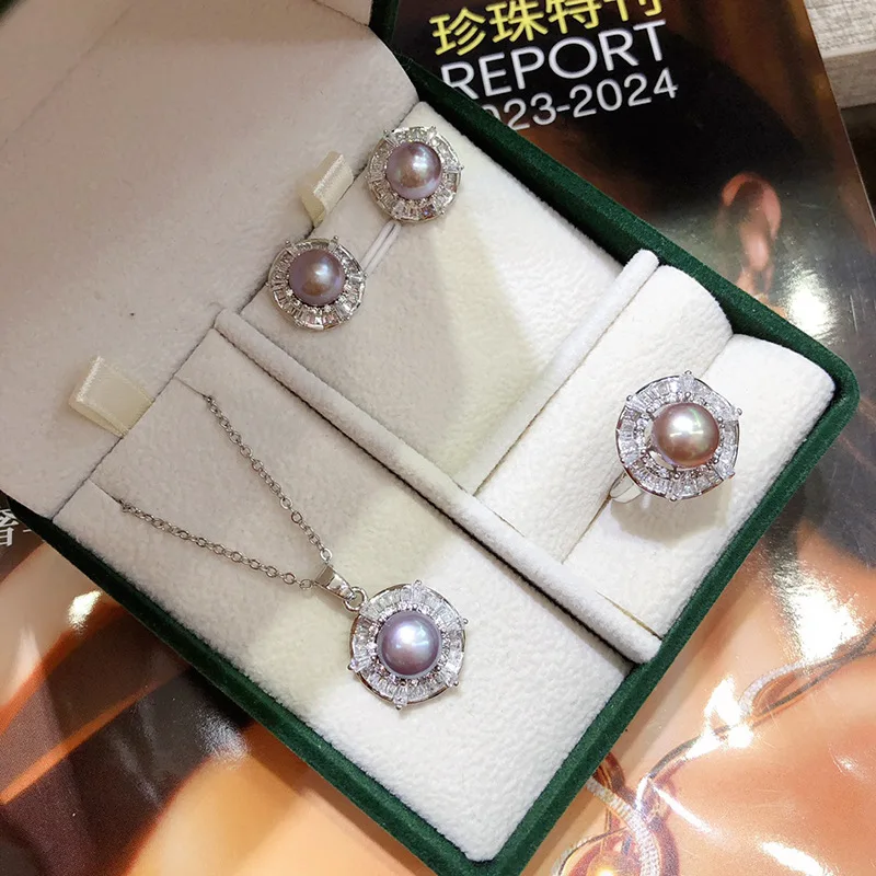 New Freshwater True Multi-Color Pearl Necklace Earrings Ring Three-Piece Set Multiple Colors Available Versatile