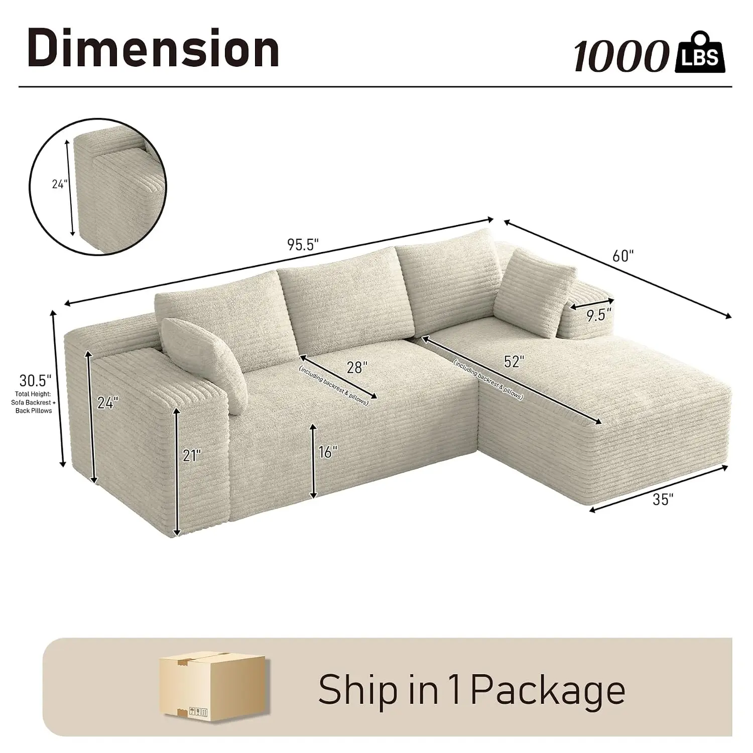 L-Shaped Cloud Sofa With Chaise, Beige White, 96 Inch, Customized