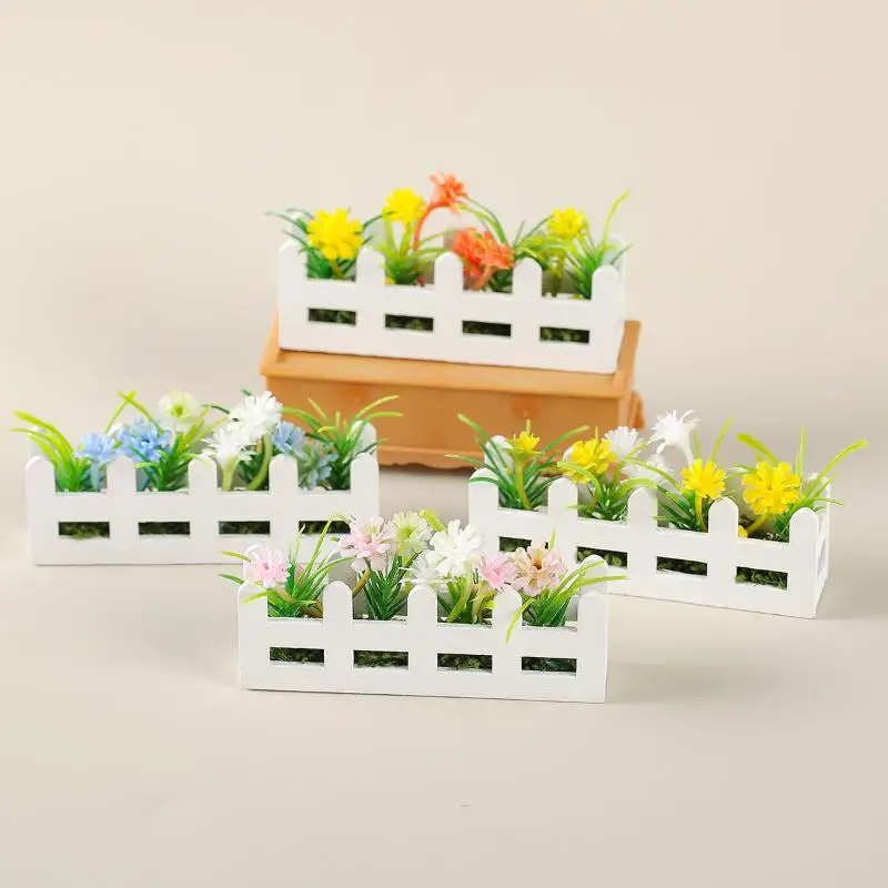 Levensechte 1 stks miniatuur potplanten met bloemhek voor fantasiespel, 1:12 schaal poppenhuis tuin decor speelgoed