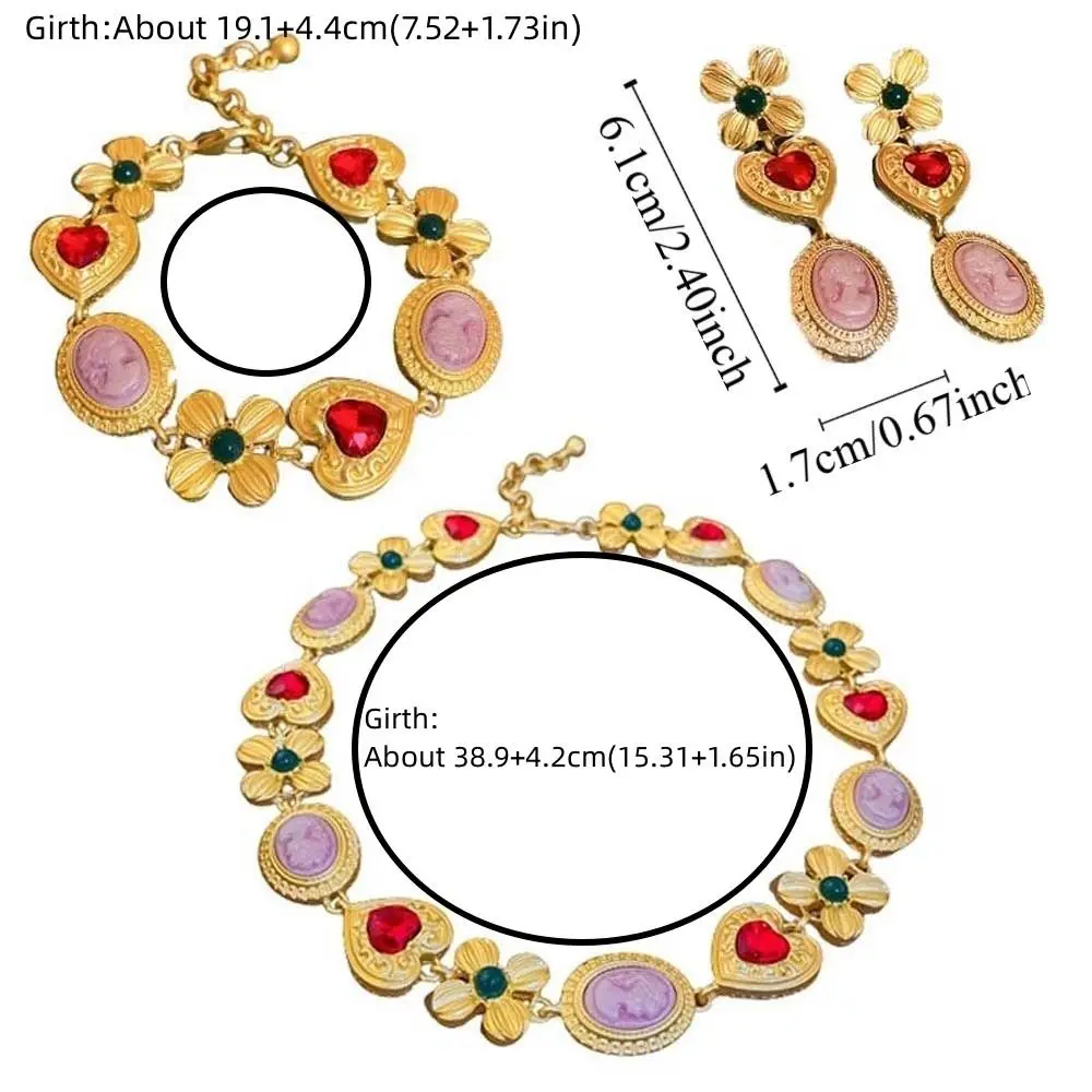 華麗でエレガントなヴィンテージネックレス、合金フラワーハートカメオブレスレット、輝く鎖骨チェーン、レトロなエンボスイヤリング、女性用