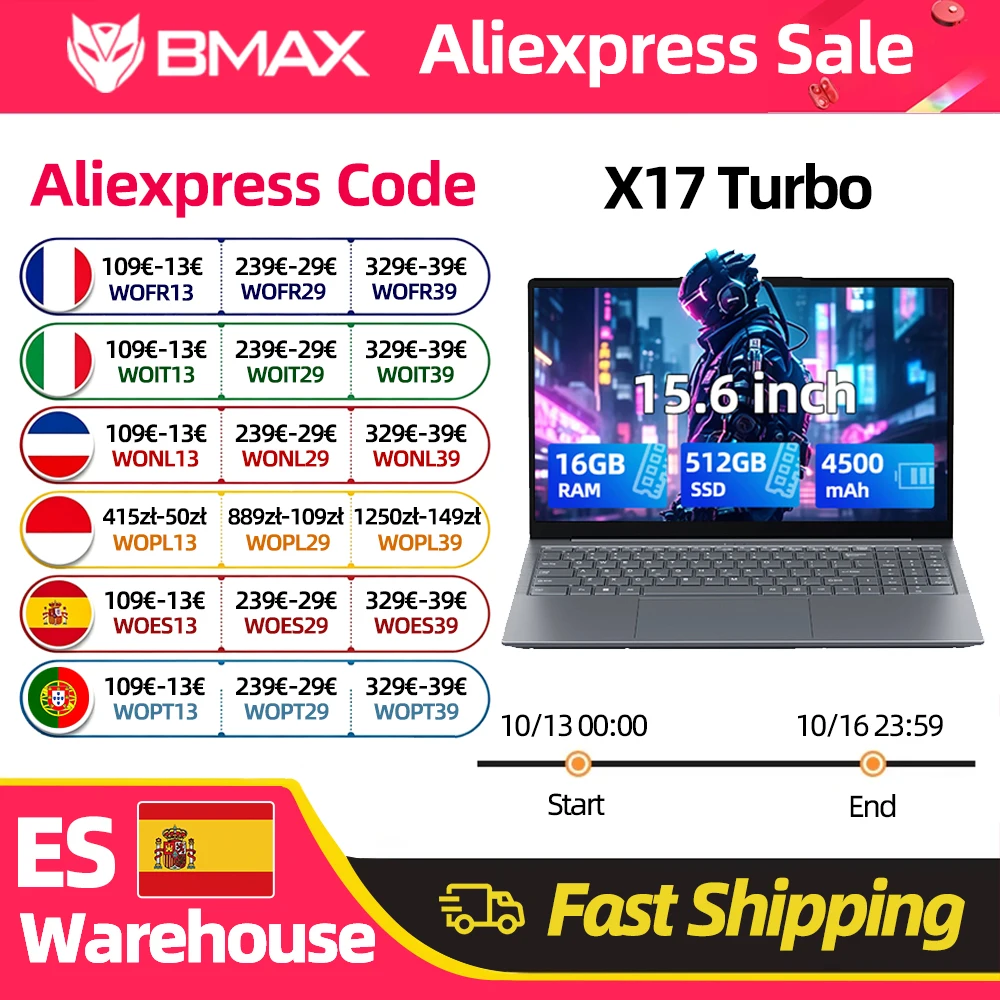 Bmax X17 Turbo 15,6 inch 16GB RAM 512GB SSD Intel Ultra 5 115U processor Windows 11 Pro notebook 1920*1080 HDMI Wifi USB pc laptop