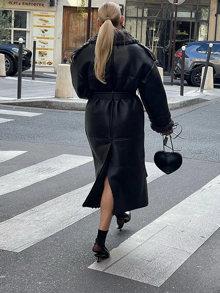 Abrigos de piel de oveja gruesos para mujer, chaquetas largas de Sherpa con cordones y una hilera de botones, ropa de calle cálida para señora nueva 2024