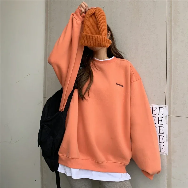 Orange Gray Sweatshirt Women M-XL Fake Two Piece Oversized Hoodie Female Loose Korean Fleece Letter Embroidery 2024 Streetwear