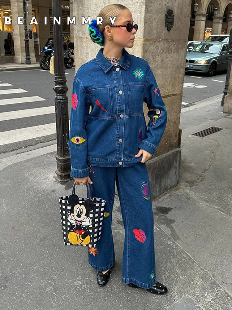 Women Colored Pattern Embroidery Denim 2 Piece Suit Lapel Full Sleeve Jacket Set Wide Leg Pants Set 2025 New High Street Outfits