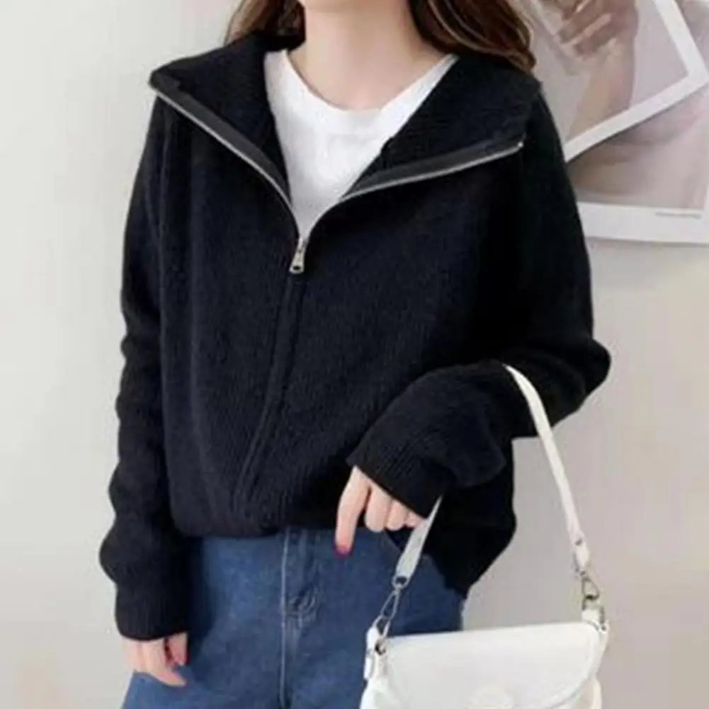 

Women Long Sleeve Coat Elegant Lapel Sweater Coat with Double Zipper Design for Women Commuting Style Outwear Solid Color
