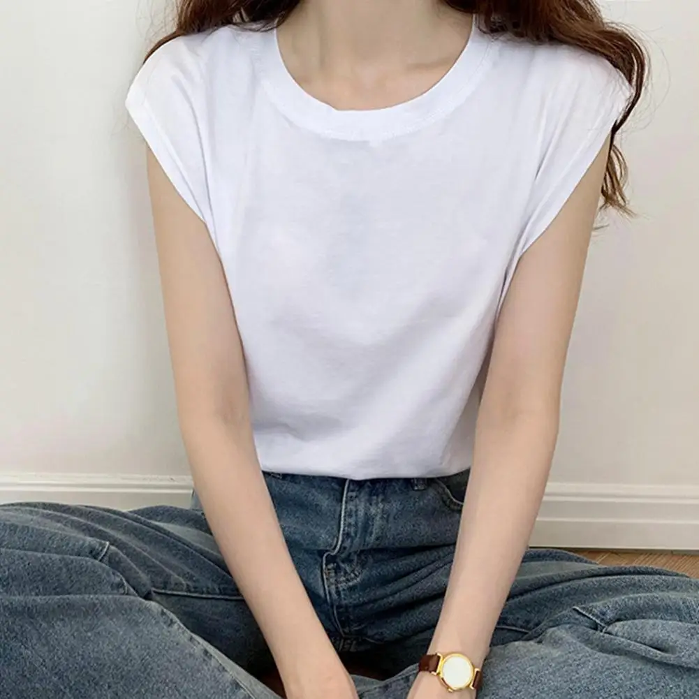 Women Summer T-shirt Sleeveless Pure Color Round Neck Pullover Simple Style Commute Homewear Daily Tank Top Lady Blouse 여성티