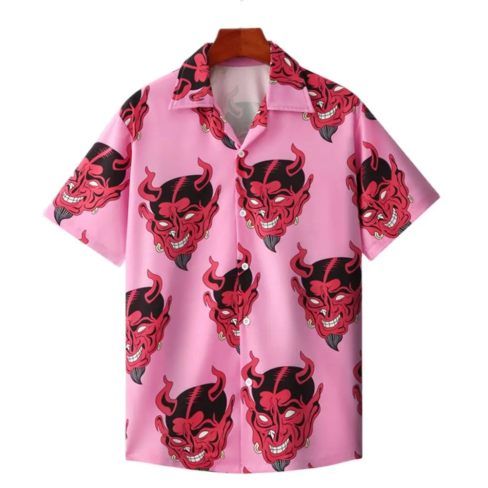 Devil Shirts Full Printed Short Sleeve Men\'s Shirt Floral Loose Hawaiian Korean Streetwear Hip Hop Fashion Shirts Male Camisa