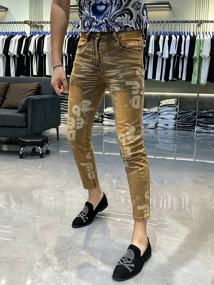 Fashionable Printed Denim Jeans Men's Summer Slim Fit Stylish Youthful European Style Nine Points Small Foot Pants