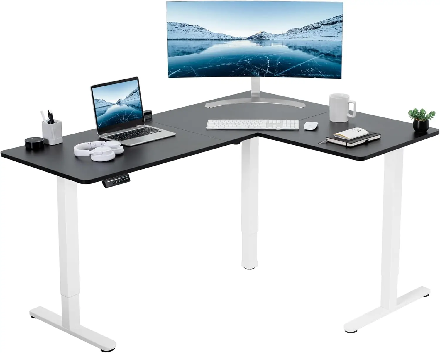 Electric L-shaped 63 x 47 inch standing desk with adjustable height, memory controller, black top and white frame