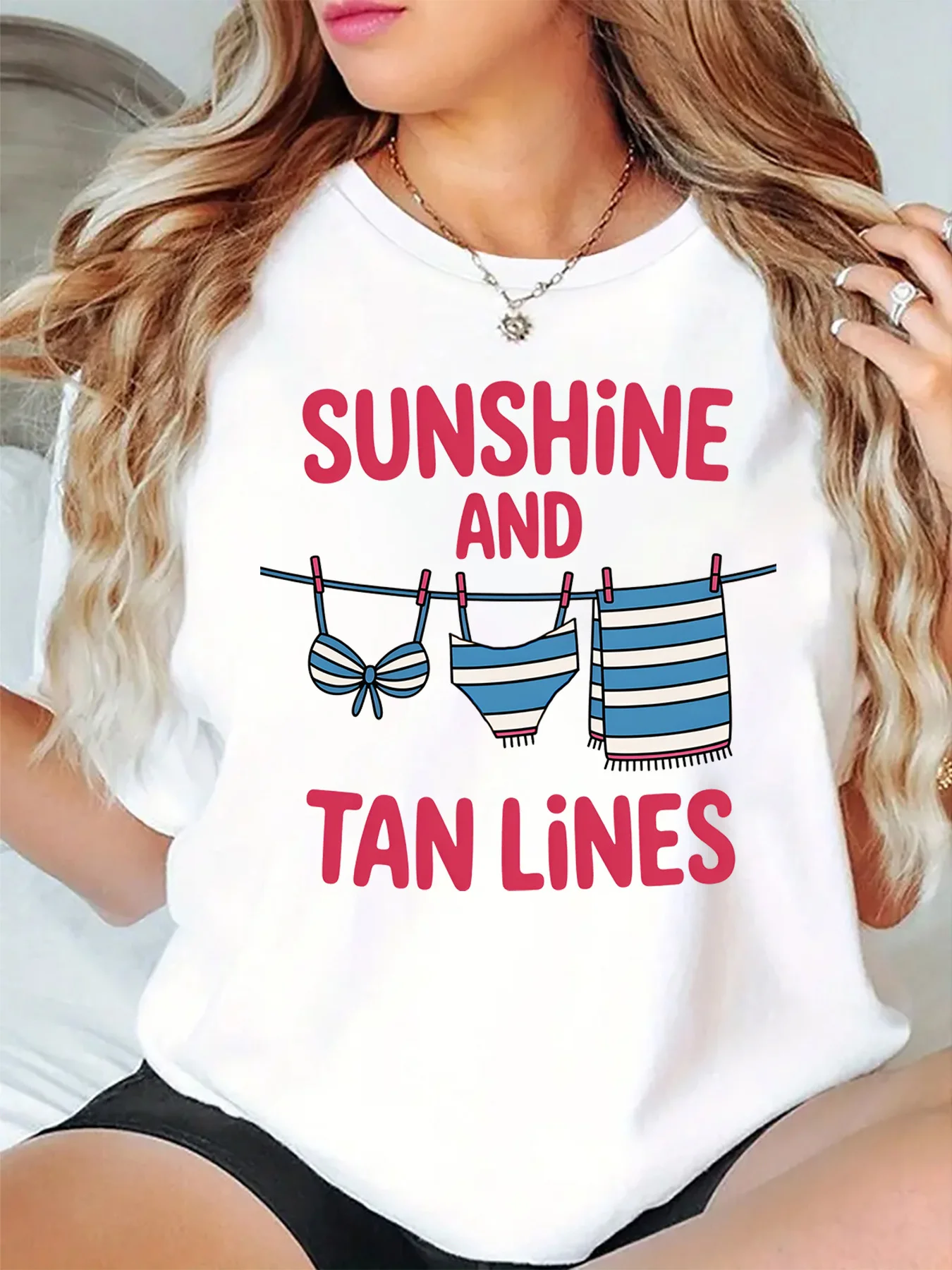 Summer Holiday Womens T Shirt Sunshine And Tan Lines Bikini Towel Clothesline Graphic O Neck Short Sleeve Daily Casual Tops
