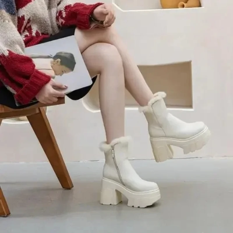 2025 New 11cm Genuine Leather Platform Wedge Chelsea Shoes Chunky Heels Ankle Boots PUNK Motorcycle Spring Winter Plush Women - view 5