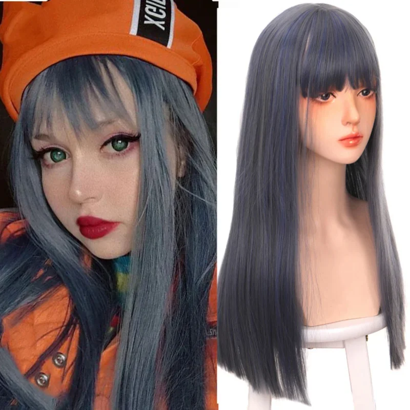 HOUYAN Long Straight Hair Synthetic Wig Female Pink Silver Black Anime Bangs Party Wig