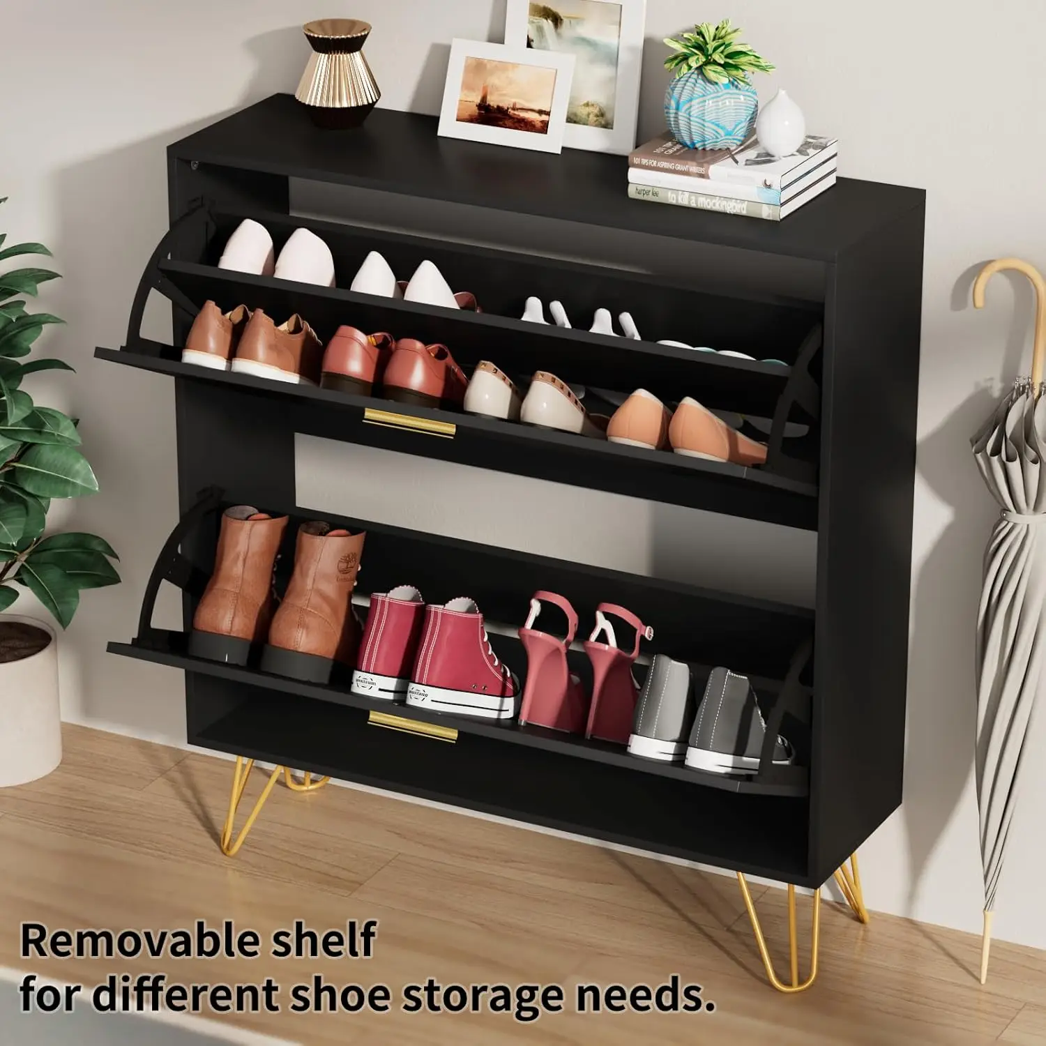 خزانة أحذية سوداء رفيعة مع درجين، منظم مدخل ضيق بمقبض معدني وأرجل #6